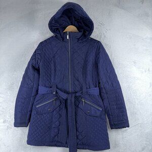 Gallery Quilted Hooded Jacket Belt Waist Full Zip Up Womens Navy Size Small